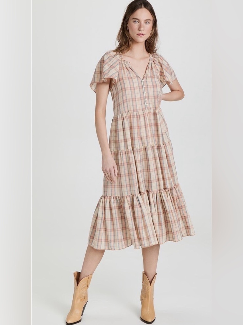 The Great. The Iris Dress Washed Rose Plaid Cotton Linen Tiered Midi Size Sz 1/S